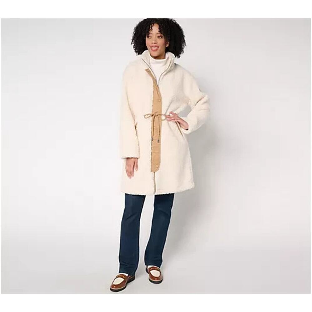Dennis Basso Sherpa & Sueded Jacket w/Drawstring Ivory/Camel Petite XS A672991